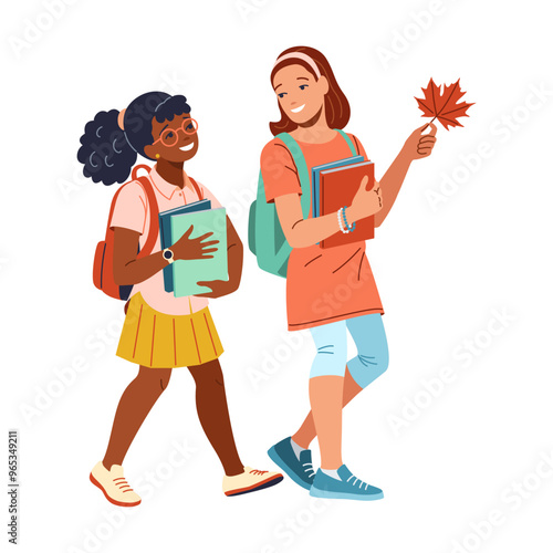 Girl holds leaf walking with black best friend flat color vector illustration. Cheerful schoolgirls with books and backpacks concept icon on white