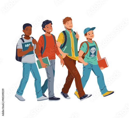 Happy multiethnic boys going to school flat color vector illustration. Teenage students group walking together to lesson concept icon on white