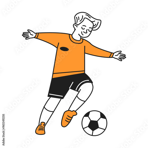 Happy boy playing football doodle line and color illustration. Little sportsman kicking ball at active game linear sketch vector person
