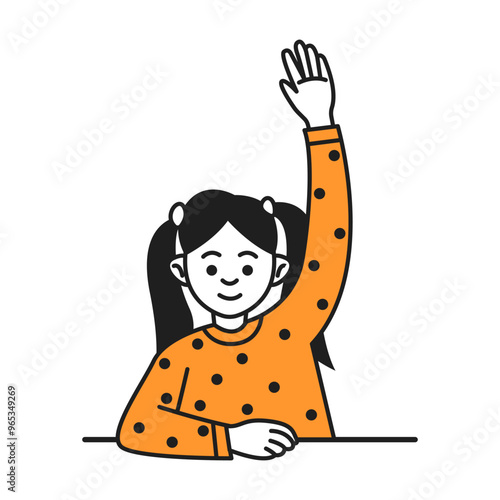 Girl student raising hand at desk doodle line and color illustration. Smart schoolgirl with ponytails working at lesson linear sketch vector person