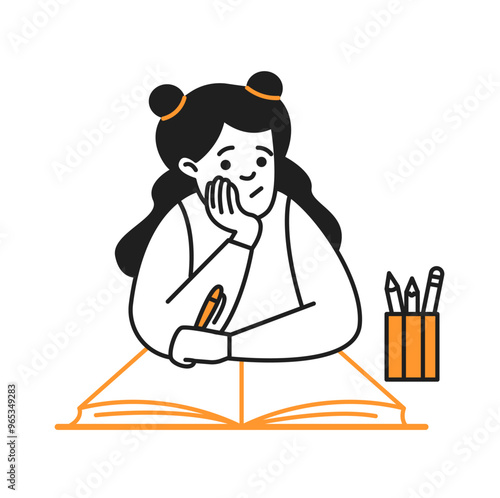 Upset girl doing difficult homework at desk doodle line and color illustration. Bored schoolgirl learning lesson linear sketch vector person