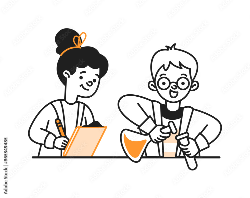 Schoolchildren conduct chemistry experiment doodle linear sketch vector illustration. Back to school education linear sketch vector people Schoolchildren conduct chemistry experiment doodle linear sketch vector illustration. Back to school education linear sketch vector people