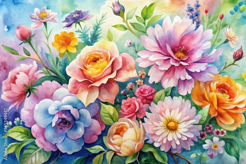 Vibrant watercolor flowers in soft hues and delicate brushstrokes dance across a white background, evoking a sense of whimsy, elegance, and fresh springtime beauty.