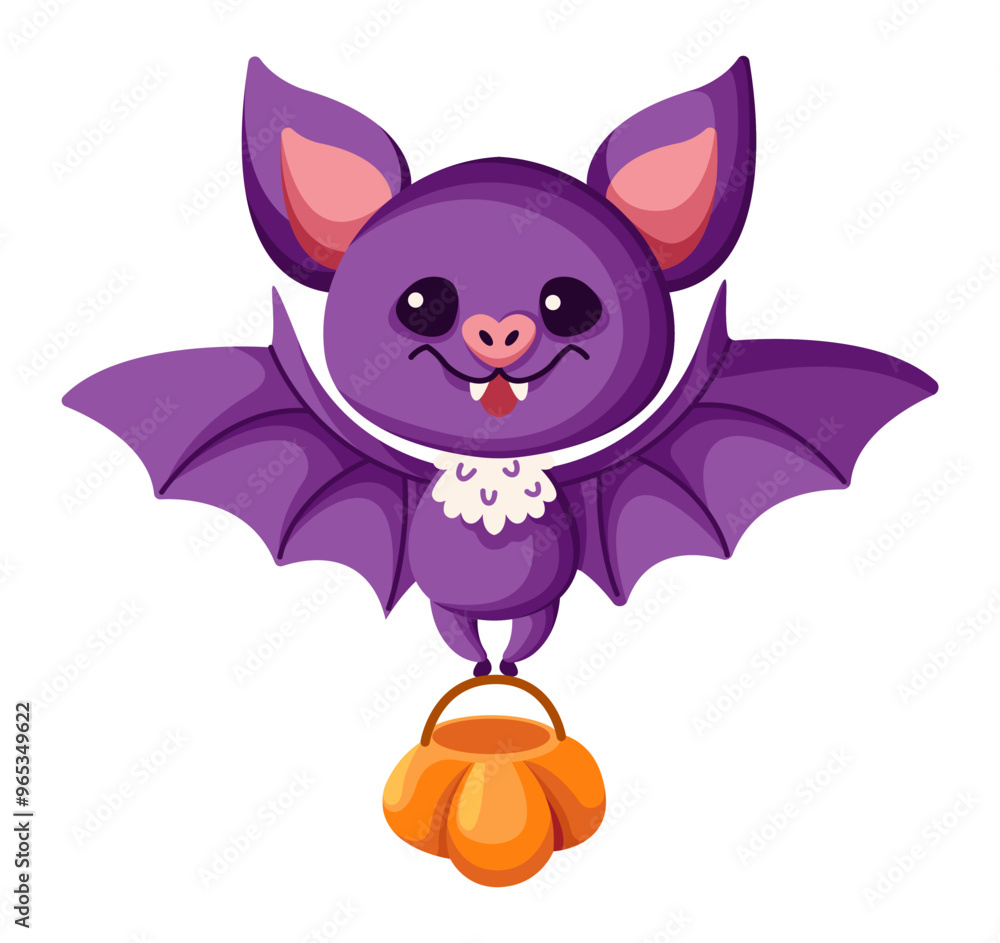 Cute bet carrying Halloween candy bag flat color vector illustration. Spooky flying animal trick or teat character icon on white background Cute bet carrying Halloween candy bag flat color vector illustration. Spooky flying animal trick or teat character icon on white background