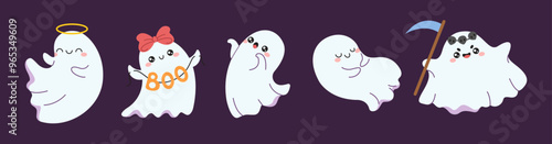 Funny ghosts Halloween party flat color vector characters set. Spooky cute phantoms at holiday party illustration pack on purple background