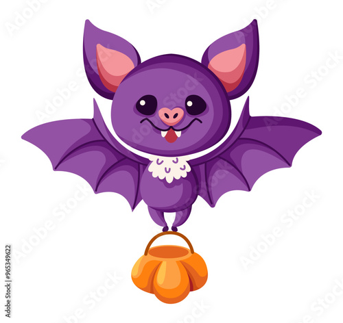 Cute bet carrying Halloween candy bag flat color vector illustration. Spooky flying animal trick or teat character icon on white background
