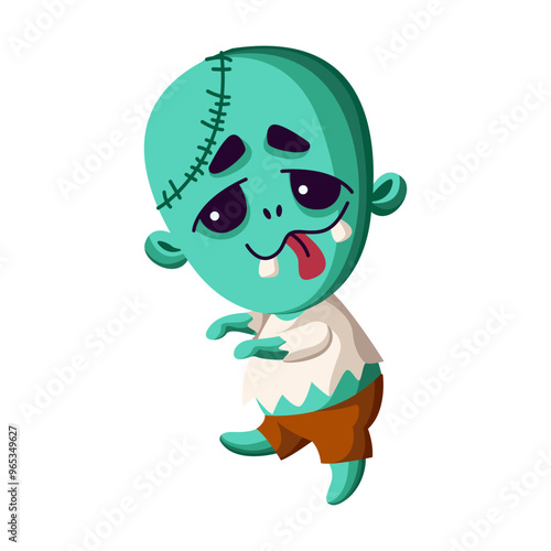 Funny zombie with tongue out flat color vector illustration. Walking little monster Halloween party character icon on white background