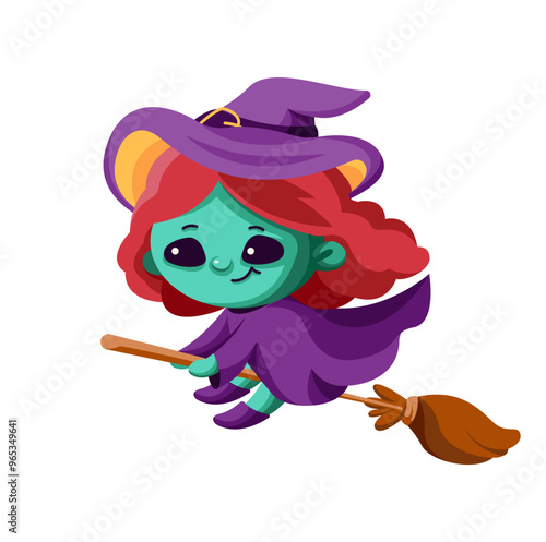 Little witch in hat flying on broom flat color vector illustration. Spooky funny girl magician Halloween character icon on white background