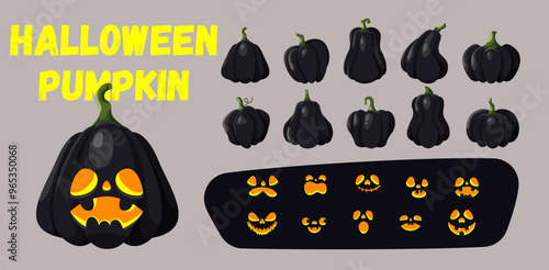 Halloween pumpkin eager faces constructor color vector layout set. Jack o light sentiments for gather time event character arrange