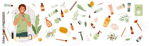 Man applies lotion to face flat color vector illustration. Variety of organic creams and cleansers cartoon composition on white background