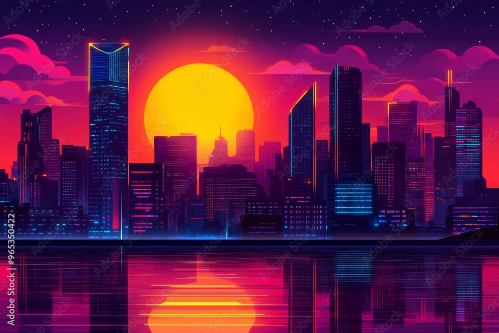 Futuristic Cityscape at Sunset with Sleek Skyscrapers and Vibrant Neon Lights, Ideal for Technology and Urban Development Concepts Generative AI Futuristic Cityscape at Sunset with Sleek Skyscrapers and Vibrant Neon Lights, Ideal for Technology and Urban Development Concepts Generative AI