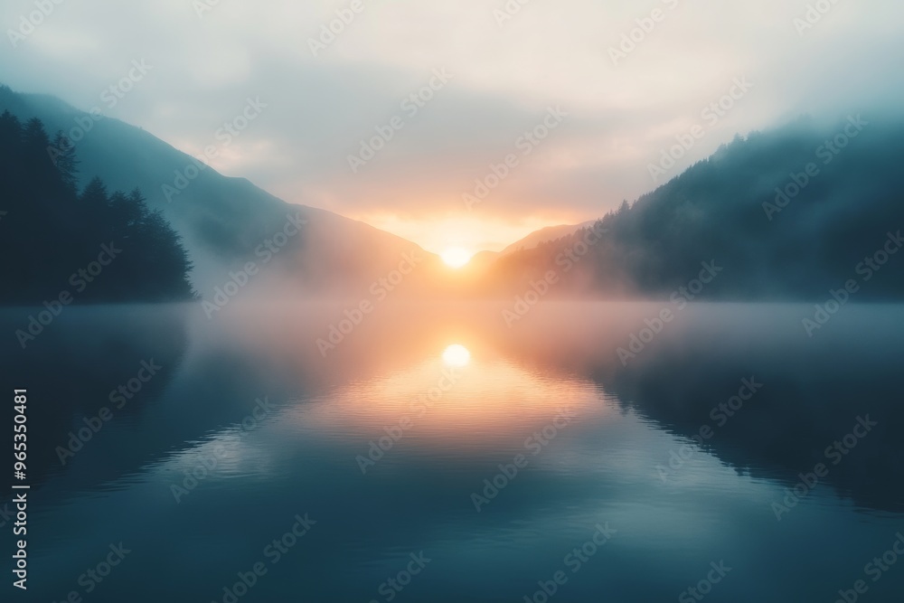 Fototapeta premium Serene Lake Landscape with Soft Pastel Colors at Sunrise, Perfect for Nature and Travel Themes Generative AI