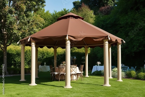 A vintage brown canopy gazebo with classic pillars, ideal for garden settings and outdoor events photo