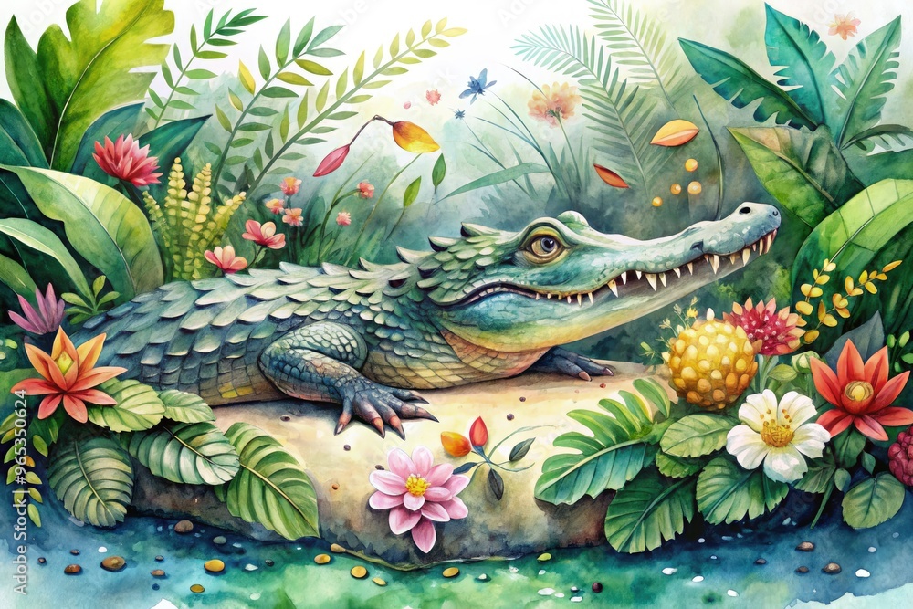 Obraz premium Vibrant watercolor illustration of an alligator, surrounded by lush greenery and florals, with soft, blended colors and subtle texture, evoking a whimsical, dreamy atmosphere.