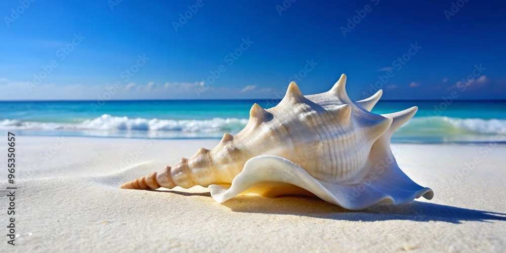 A weathered conch shell, its flared lip worn smooth, rests peacefully on pristine white sand, enveloped in a soft haze of blue sea and sun-bleached sky. A weathered conch shell, its flared lip worn smooth, rests peacefully on pristine white sand, enveloped in a soft haze of blue sea and sun-bleached sky.