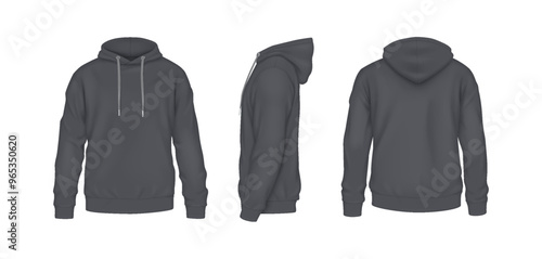 Gray sportive hoodies with copy space realistic vector illustration set. Cozy clothing with design mockup 3d models on white background