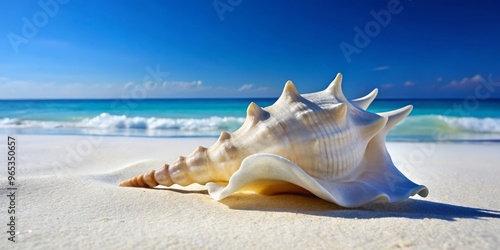 A weathered conch shell, its flared lip worn smooth, rests peacefully on pristine white sand, enveloped in a soft haze of blue sea and sun-bleached sky. photo