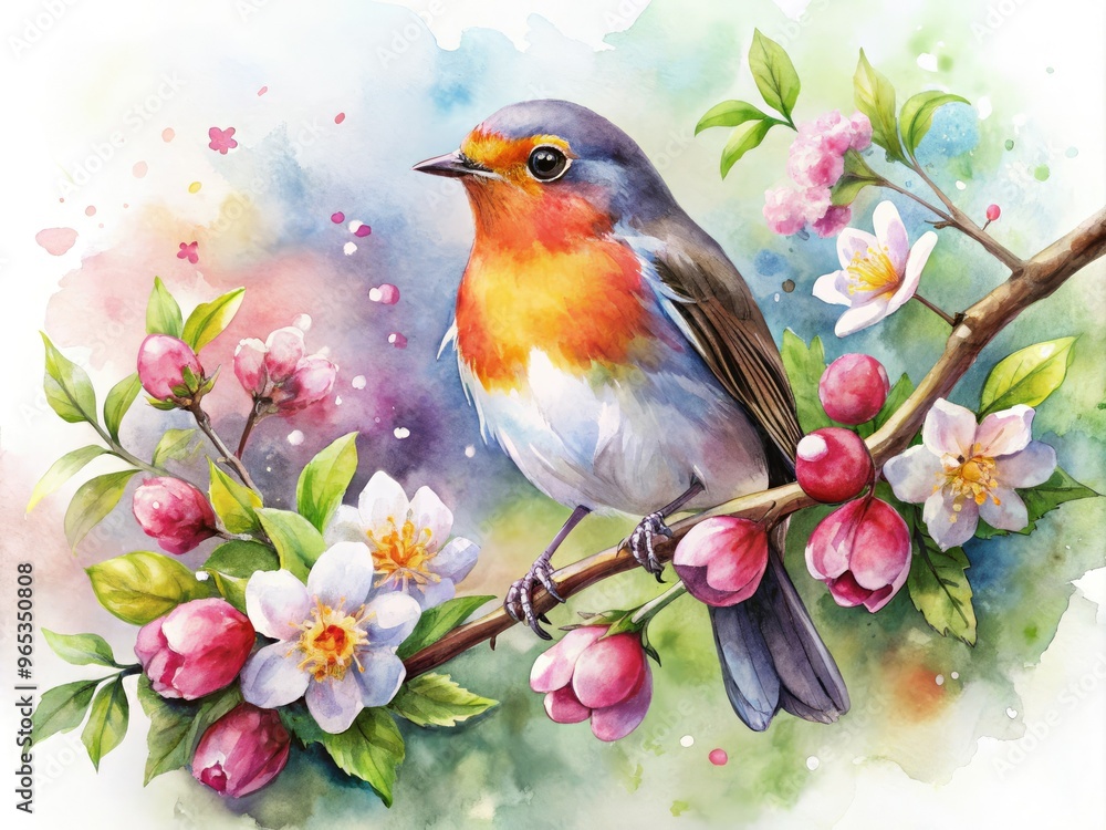 Vibrant watercolor illustration of a robin perched on a blooming branch, surrounded by soft petals and dew-kissed leaves, evoking a sense of whimsical springtime serenity. Vibrant watercolor illustration of a robin perched on a blooming branch, surrounded by soft petals and dew-kissed leaves, evoking a sense of whimsical springtime serenity.