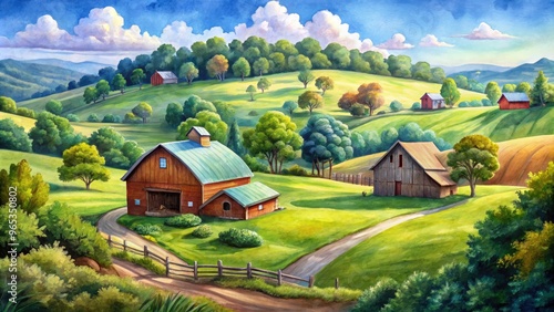 Wallpaper Mural Vibrant watercolor illustration of a rustic farm scene with rolling hills, barns, and trees, surrounded by lush greenery and a serene blue sky. Torontodigital.ca