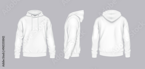 White hoodies of various perspectives realistic vector illustration set. Casual attire with brand design mockup 3d models on grey background