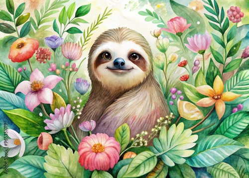 Vibrant watercolor illustration of a serene sloth surrounded by lush greenery, delicate flowers, and soft pastel hues, evoking a sense of tranquility and relaxation. photo