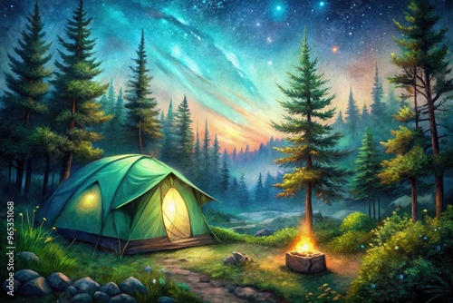 Vibrant watercolor illustration of a serene wilderness campsite at dusk, featuring a glowing tent, twinkling stars, and lush foliage in shades of emerald and turquoise.