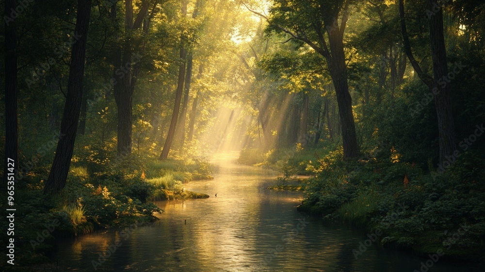 Obraz premium Calm river winding through a dense forest,