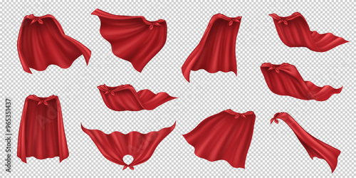 Hero capes of red fabric realistic vector illustration set. Traditional superhero accessories 3d models bundle on transparent background