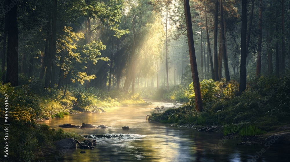 Fototapeta premium Calm river winding through a dense forest,