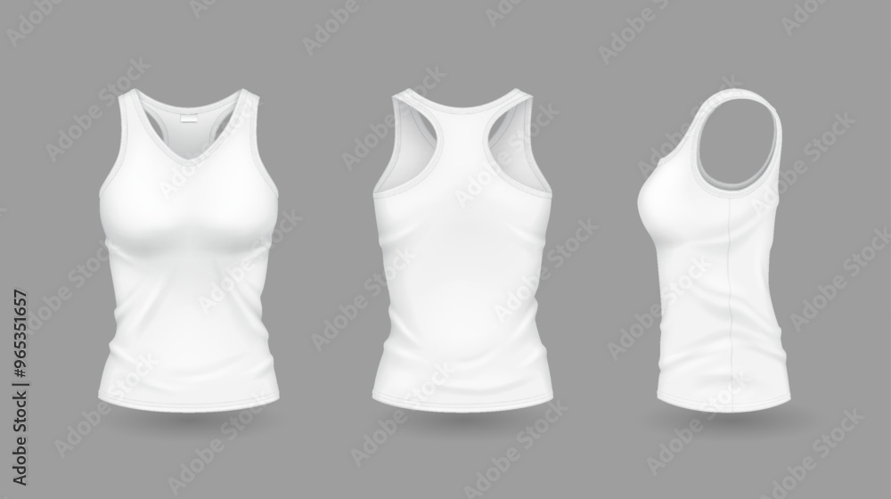 White women tank tops with brand mockup reasonable vector outline set. Sports attire with plan layout 3d models on dim foundation White women tank tops with brand mockup reasonable vector outline set. Sports attire with plan layout 3d models on dim foundation