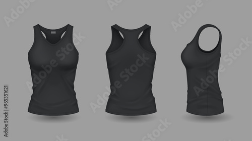 Dark women sleeveless shirts with symbol mockup reasonable vector outline set. Summer furnish with symbol format 3d models on dim foundation