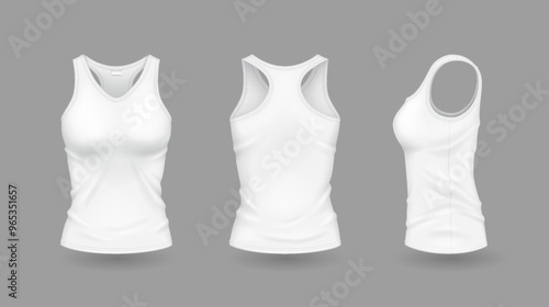White women tank tops with brand mockup reasonable vector outline set. Sports attire with plan layout 3d models on dim foundation