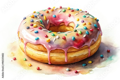 Vibrant watercolor illustration of a whimsical donut adorned with colorful sprinkles and subtle texture, against a soft, creamy white background with subtle gradient effect. photo