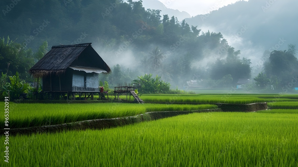Lush Green Rice Paddies in Tropical Rainy Season Scenery Lush Green Rice Paddies in Tropical Rainy Season Scenery