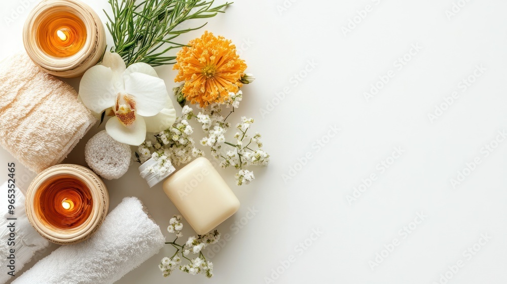 Spa Products and Flowers on a White Background Spa Products and Flowers on a White Background
