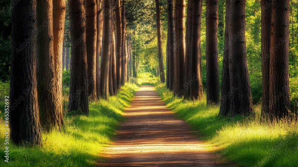 Obraz premium Sun-dappled forest path with tall trees lining the way