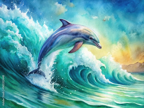 Vibrant watercolor painting of a dolphin leaping out of turquoise ocean waves, surrounded by soft, blended brushstrokes and subtle texture, evoking a sense of gentle movement. photo