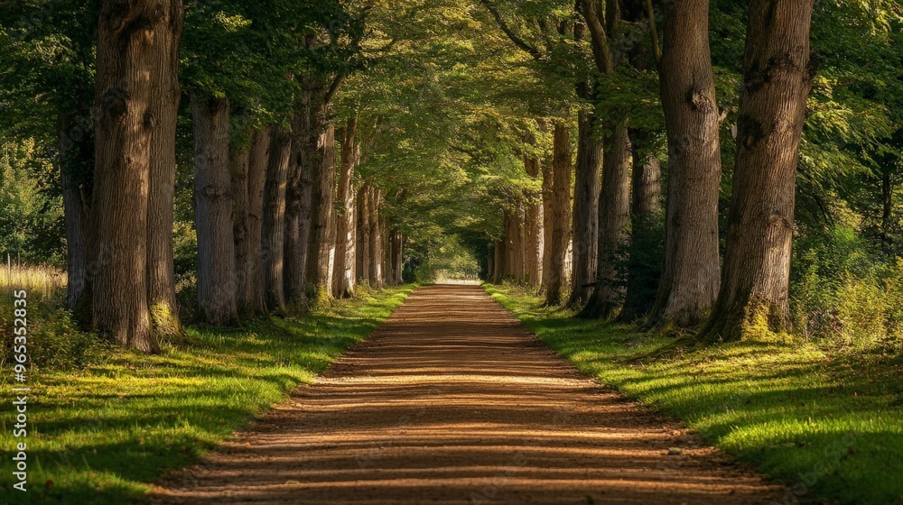 Fototapeta premium Sun-dappled forest path with tall trees lining the way