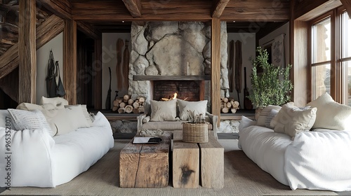 Rustic Living Room with Natural Wood Furniture, Stone Hearth, and Cozy Textiles for a Warm and Inviting Atmosphere