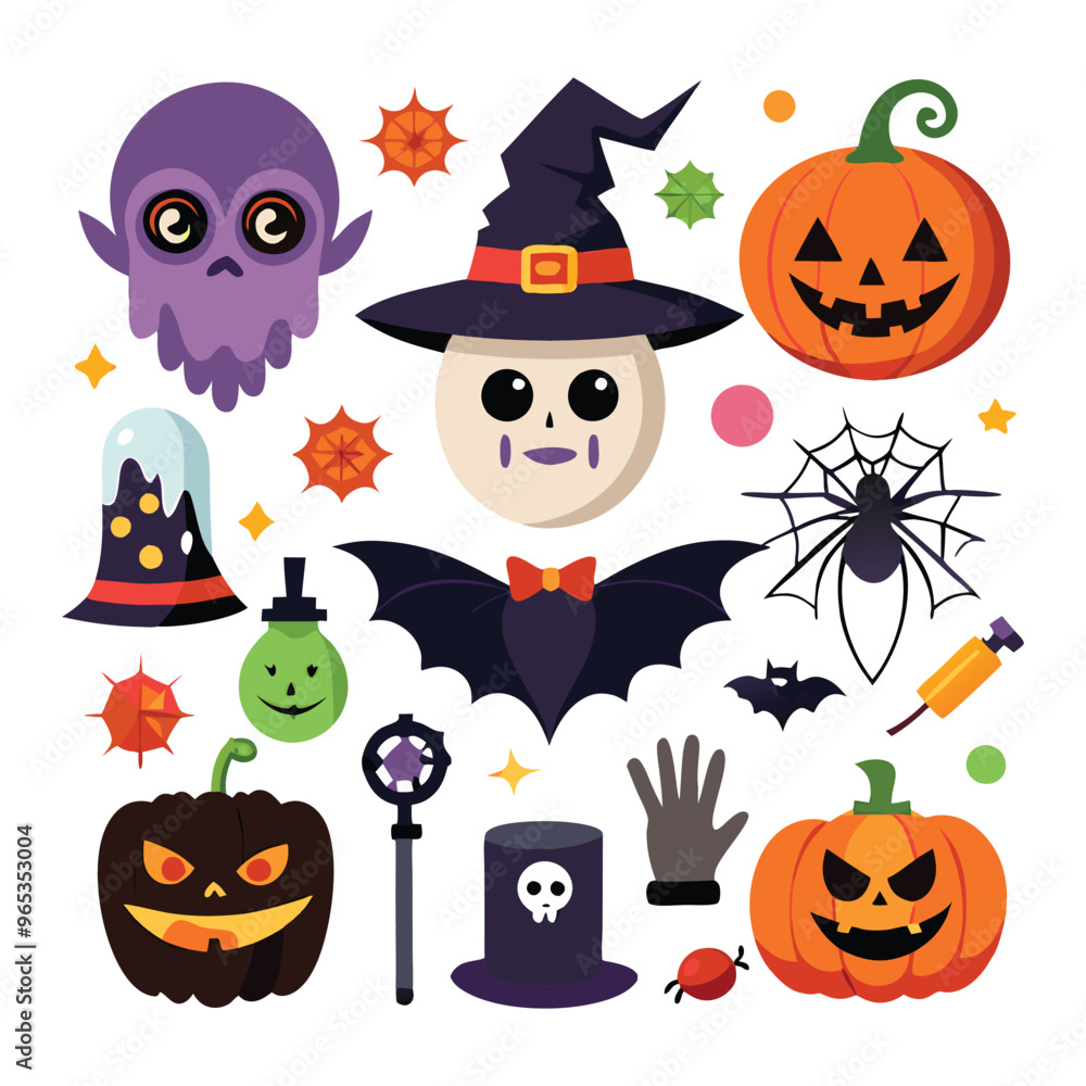 Set of Halloween vector elements like pumpkins, bats, and ghosts on white. Cute flat halloween elements illustration Set of Halloween vector elements like pumpkins, bats, and ghosts on white. Cute flat halloween elements illustration