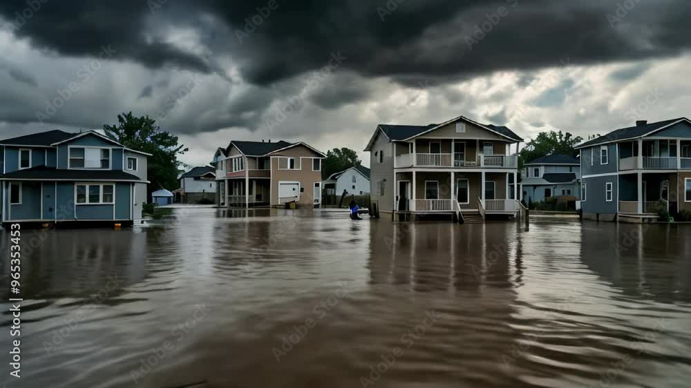 Flooded houses in a residential area, with makeshift rafts carrying distressed residents. The dark, stormy sky looms overhead, while debris floats in the water, signaling the severity of the storm. Flooded houses in a residential area, with makeshift rafts carrying distressed residents. The dark, stormy sky looms overhead, while debris floats in the water, signaling the severity of the storm.