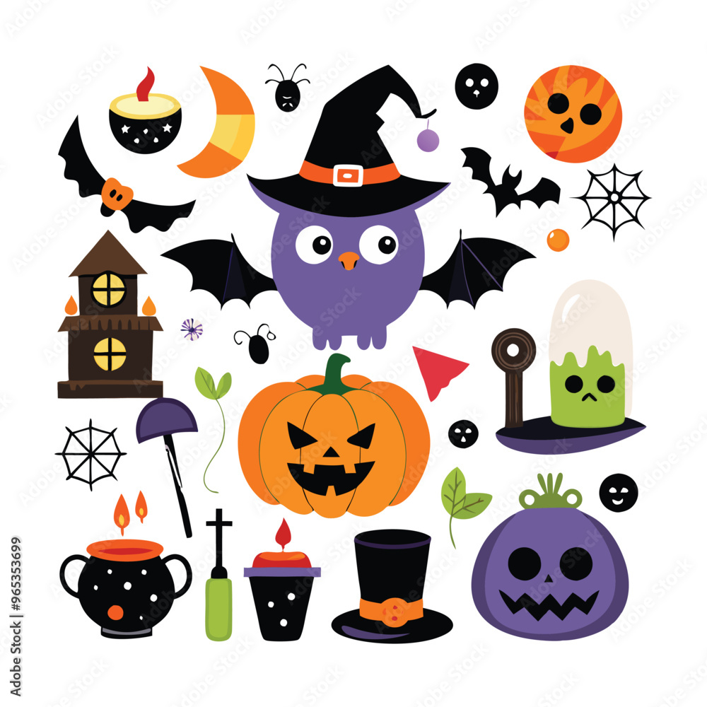 Obraz premium Set of Halloween vector elements like pumpkins, bats, and ghosts on white. Cute flat halloween elements illustration