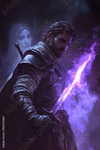 A strong looking mage in his thirties with a short beard, wielding a short sword glowing with dark purple energy