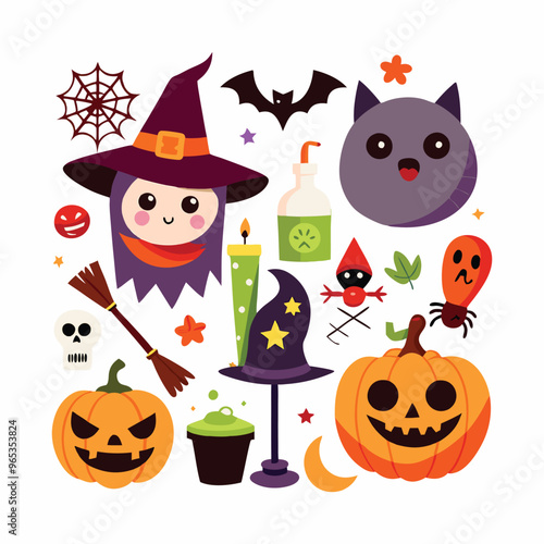 Set of Halloween vector elements like pumpkins, bats, and ghosts on white. Cute flat halloween elements illustration 