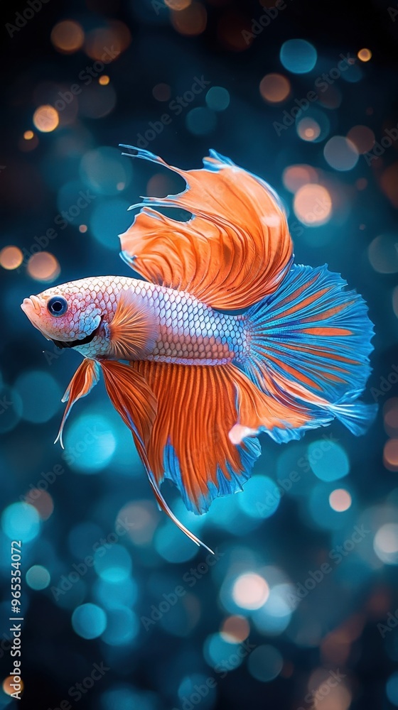 Vibrant red and blue betta fish flaring its fins in a dark underwater scene Vibrant red and blue betta fish flaring its fins in a dark underwater scene