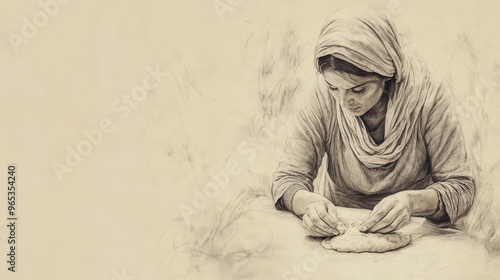 Leviticus Biblical Illustration, The Grain Offering, Woman kneading dough with reverence, Bible Wall Art photo