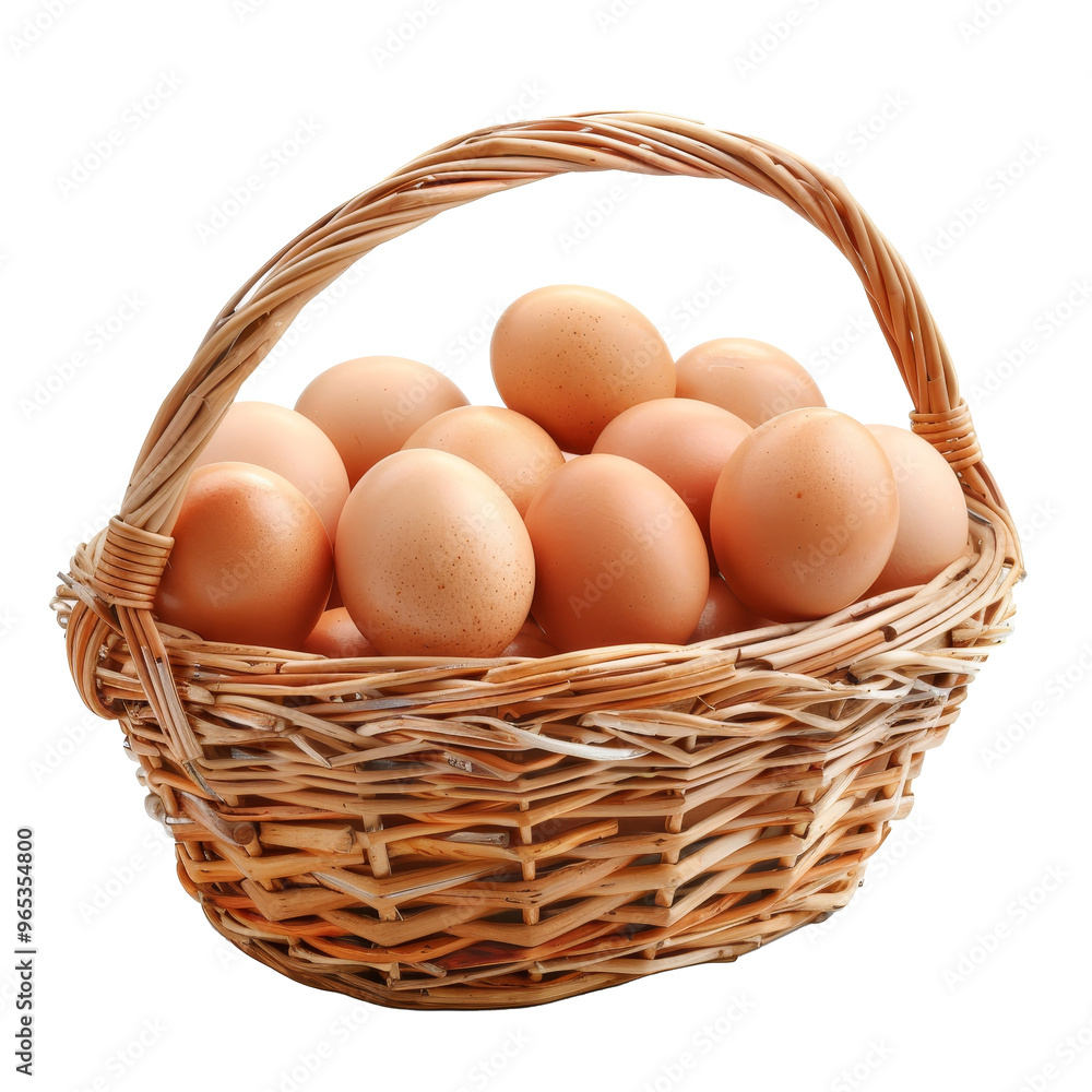 Fresh brown eggs piled in a woven basket set against a plain transparent background for rustic kitchen décor or local farm market display Fresh brown eggs piled in a woven basket set against a plain transparent background for rustic kitchen décor or local farm market display