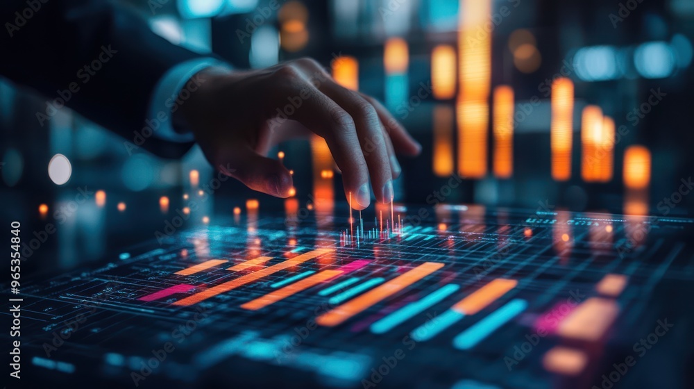 Compose a photograph showcasing a businessman's hand hovering over a rapidly ascending bar graph on a digital screen Compose a photograph showcasing a businessman's hand hovering over a rapidly ascending bar graph on a digital screen