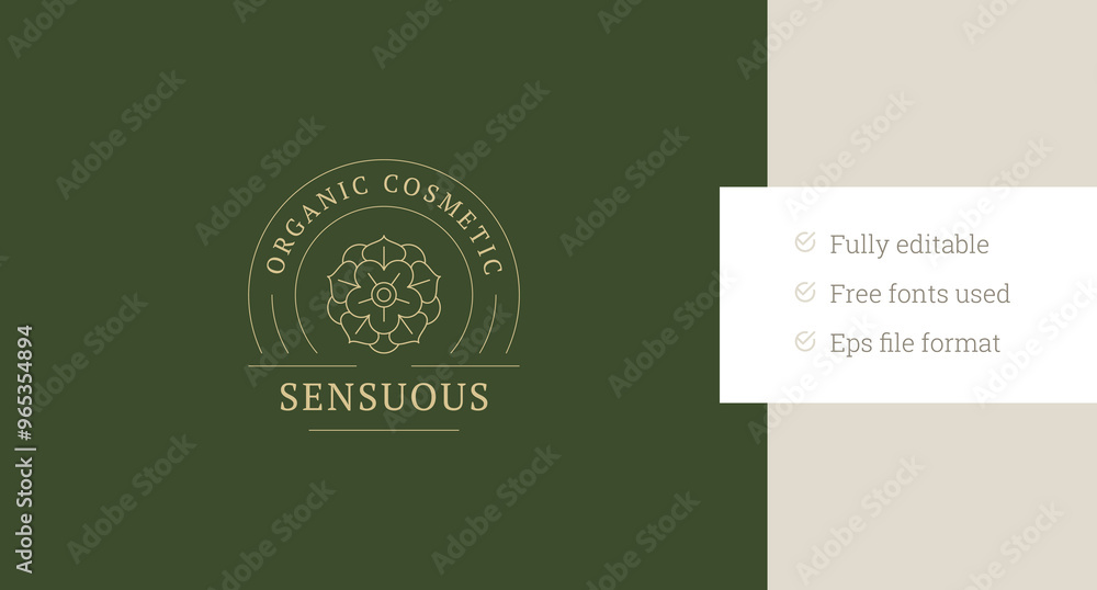 Beautiful organic flower with gentle petals circle line art logo design template vector illustration. Natural wildflower elegant blossom linear logotype for handmade skin hair cosmetic brand Beautiful organic flower with gentle petals circle line art logo design template vector illustration. Natural wildflower elegant blossom linear logotype for handmade skin hair cosmetic brand