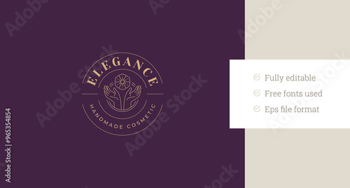 Female hands with organic flower circle line art logo design template vector illustration. Woman arms with natural blossom wildflower linear logotype for skin care beauty cream cosmetic brand